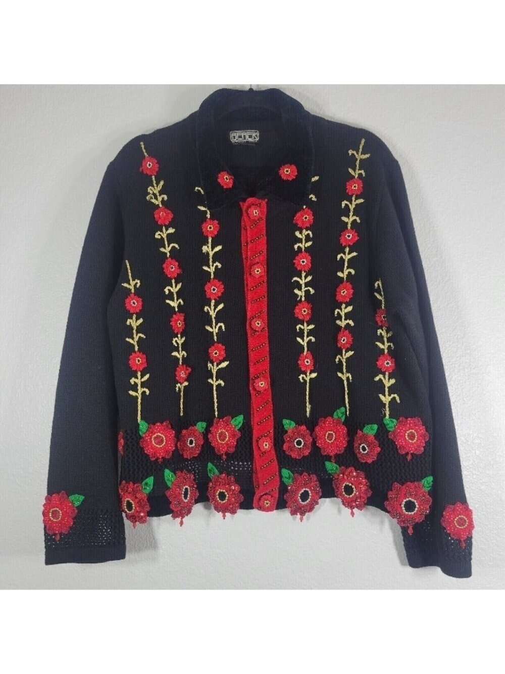Vintage Berek Takako Sakon Knit Cardigan Women XL Beaded Floral Embroider Black